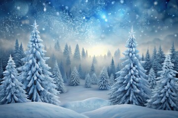 Fototapeta premium A serene winter landscape with snow-covered trees and soft flakes falling amidst the twilight glow in a tranquil forest setting. Generative AI