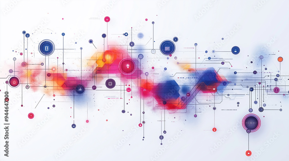 Poster Complex network connecting data points with lines and colorful blobs