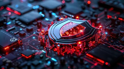 Fototapeta premium Photo-realistic cybersecurity shield protecting digital data, complex network, high-resolution details, vibrant colors