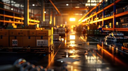 Obraz premium Photo-realistic e-commerce warehouse, workers packaging products, intricate details, lifelike graphics, hyper-detailed textures