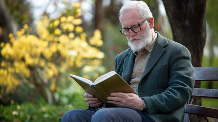 Fototapeta premium Senior man enjoying a book on a bench in the park