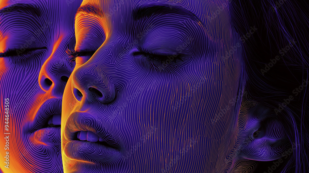 Poster Two women faces emerging from artificial intelligence algorithm code