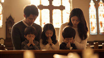 Asian family praying together inside church © Andres Mejia