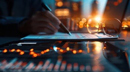 Photo-realistic investment meeting, financial advisors discussing portfolio, modern office, high-resolution details, vibrant colors