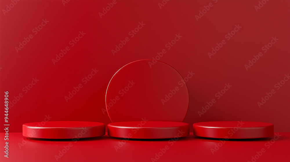 Aufkleber minimal red podium displaying cosmetics on round stand