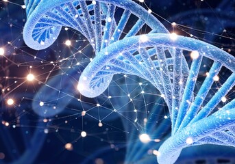 Spiral DNA helix structure on color background.