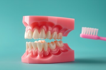 Model of teeth with toothbrush on blue background. Dental concept