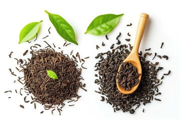 Dry black tea leaves with wooden spoon isolated on white background.