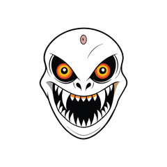 Create a fierce and detailed vector illustration of a terrifying monster head with sharp teeth, glowing orange eyes, and a menacing expression.