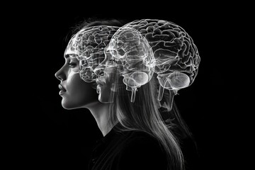 Obraz premium Profile of a Woman with a Transparent Brain Overlay Depicting Cognitive Awareness Intellectual Depth and the Complexity of Thought in a Monochromatic Style