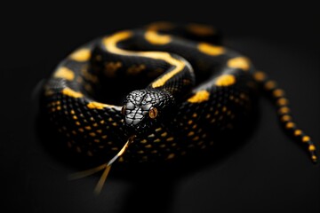 Naklejka premium Black and gold snake on a black background. Beautiful reptile, studio shot