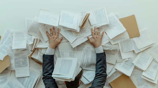 Overwhelmed businessman buried in paperwork, symbolizing stress and workload