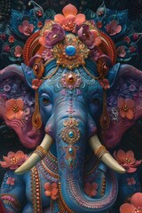 Fototapeta premium Ornate Blue Ganesha with Flowers