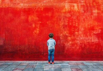 Young Boy Facing Red Wall