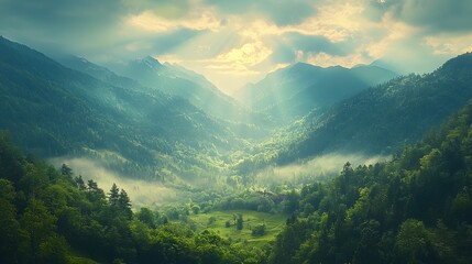 Fototapeta premium Misty Mountain Valley Landscape.
