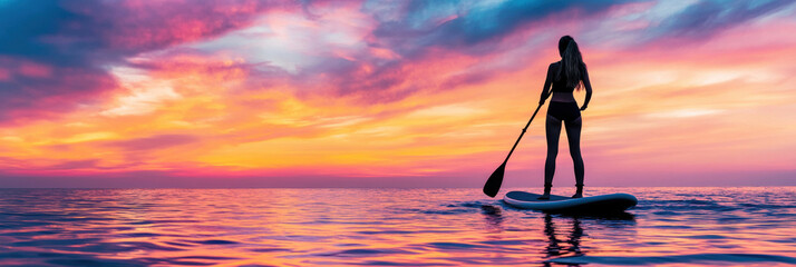 A female doing paddleboarding in sea water at sunset