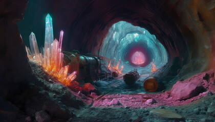 Crystal Cave with Train and Pink Glow
