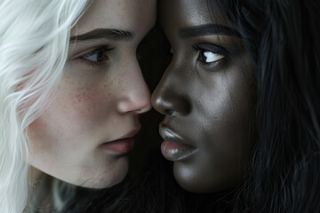Intimate portrait of a Caucasian and African American woman gazing closely, evoking deep emotional connection.