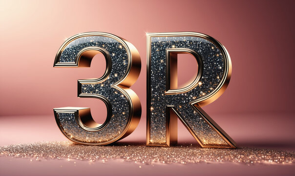 The letters 3R are rendered in gold and covered with glittery material