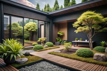 Naklejka premium A serene zen garden with lush greenery and wooden pathways creates a tranquil retreat in an urban landscape during late afternoon light. Generative AI