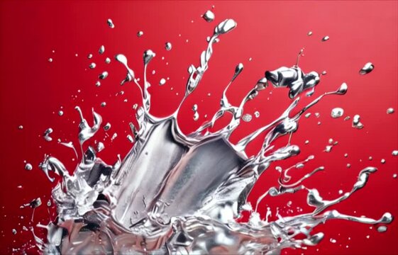 Silver paint explosion on red background. Mercury quicksilver splash explode