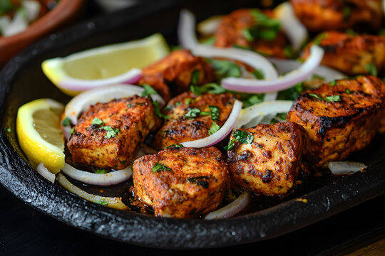 Soya Chaap on a sizzling platter, tender tandoori soy protein with smoky spices, garnished with onions, lemon, and chaat masala.