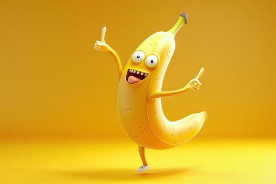 Energetic banana character dancing joyfully, with eyes wide open on a bright yellow background, fun and animated.