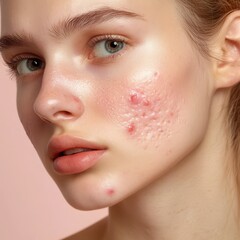 Young woman with acne on her face posing against a pink background