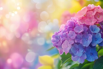 Obraz premium A vibrant close-up of hydrangea flowers showing beautiful colors and soft bokeh background, perfect for spring-themed designs.