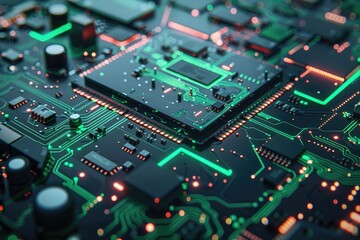 Fototapeta premium Close-up view of a high-tech circuit board with intricate green and orange details, highlighting modern technology and microelectronics.
