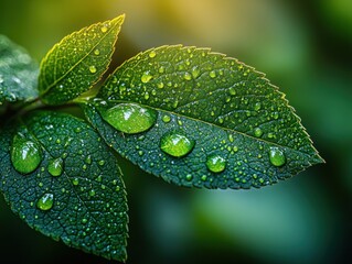Dew Drops on Green Leaf