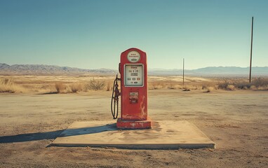 Wide Shot of Vintage Gas Station with Fluctuating Prices on a Vintage Pump, Representing Historical Volatility of Oil Prices in a Remote Location