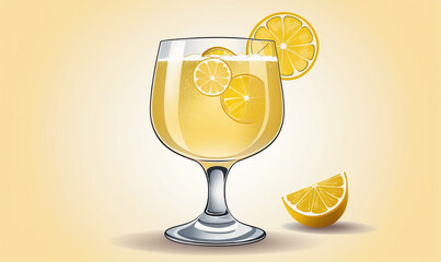 Illustration of a glass of lemonade with lemon slices sits on a yellow background