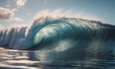 A large wave crashes in the ocean on a sunny day