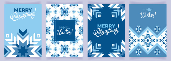 A set of winter backgrounds with snowflakes, pattern, frame and handwritten inscription. Beautiful elegant flyer with ornaments in scandinavian style. Postcard, price tag, tag, cover.