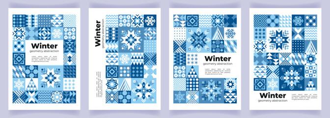 Set of winter abstract backgrounds with geometric elements, patterns, quilt motifs. Modern poster in scandinavian style with snowflakes, ornaments and geometric shapes. Flyer, banner, invitation