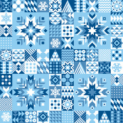 Winter geometric pattern with quilt elements in Scandinavian style. Creative abstract ornament with Norwegian snowflakes. Background, texture for fabric, textile, paper, packaging, tiles