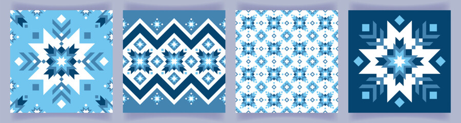 A set of abstract geometric backgrounds in scandinavian style. Norwegian pattern, ornament, stylized snowflake. Poster, print, decorative element, decoration