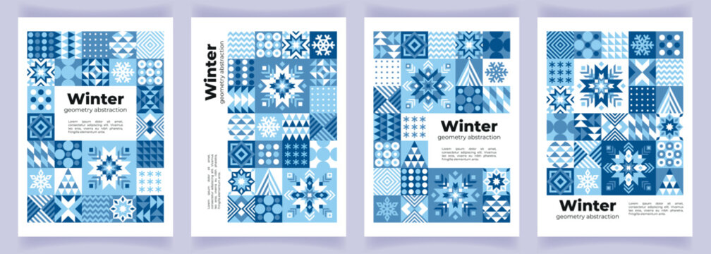 Fototapeta Set of winter abstract backgrounds with geometric elements, patterns, quilt motifs. Modern poster in scandinavian style with snowflakes, ornaments and geometric shapes. Flyer, banner, invitation