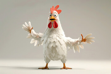 Expressive animated chicken character gesturing with its hands, comical and animated, set against a neutral background