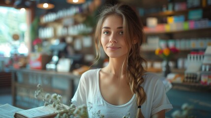Beautiful cheerful female clerk of a stationery store stands behind the counter, against the background of shelves with paints and stationery