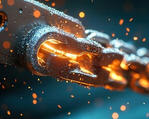 Bolt cutter slicing through a chain, with a focus on power and precision, Dynamic, Bright, Detailed