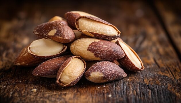 Brazil nuts on a wooden table, with a focus on their unique shape and texture, Nutty, Warm, Detailed