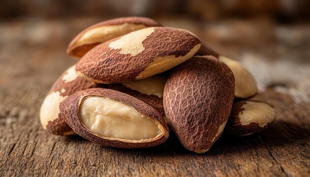 Brazil nuts on a wooden table, with a focus on their unique shape and texture, Nutty, Warm, Detailed