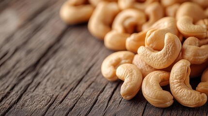 Fototapeta premium Cashews scattered on a wooden table, with a focus on their unique shape, Nutty, Warm, Detailed