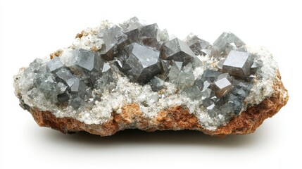 Glittering gray mineral cluster on a natural rock formation in daylight