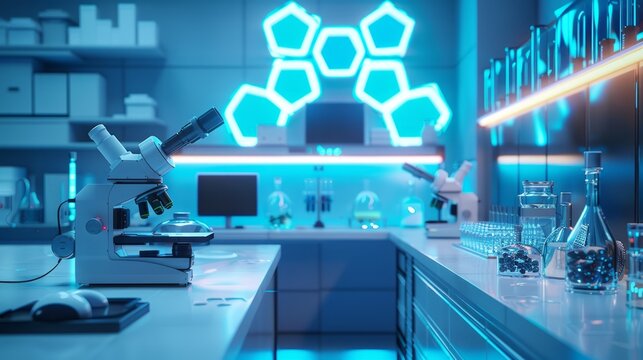 science room with microscope, laboratory props, bright background, soft blue light,