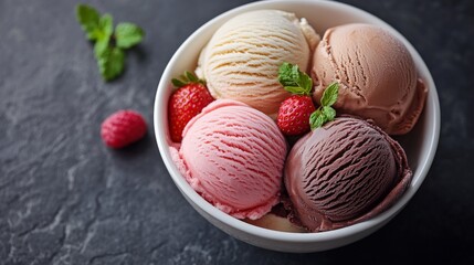 Top view ice creams scoops that various flavor in white bowl isolated on background