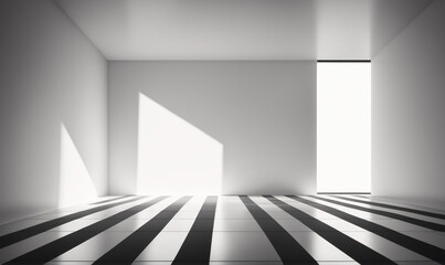 Sunlight streams through a large window in an empty room, casting shadows on the black and white striped floor