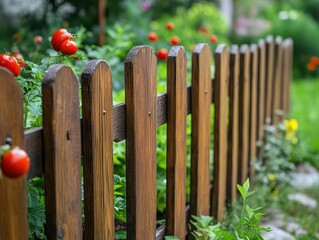Fototapeta premium Garden fence around a vegetable patch, with a focus on protection and organization, Practical, Bright, Detailed